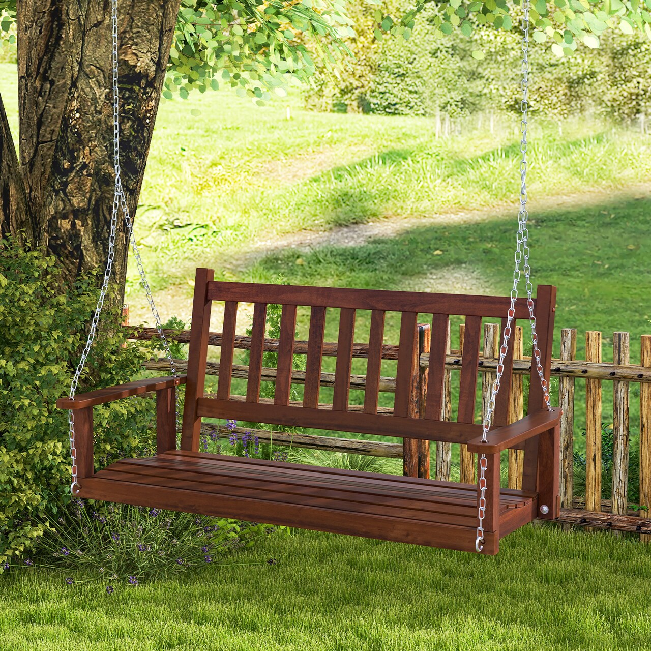 Wooden Outdoor Porch Swing with Slatted Backrest and Ergonomic Curved Seat